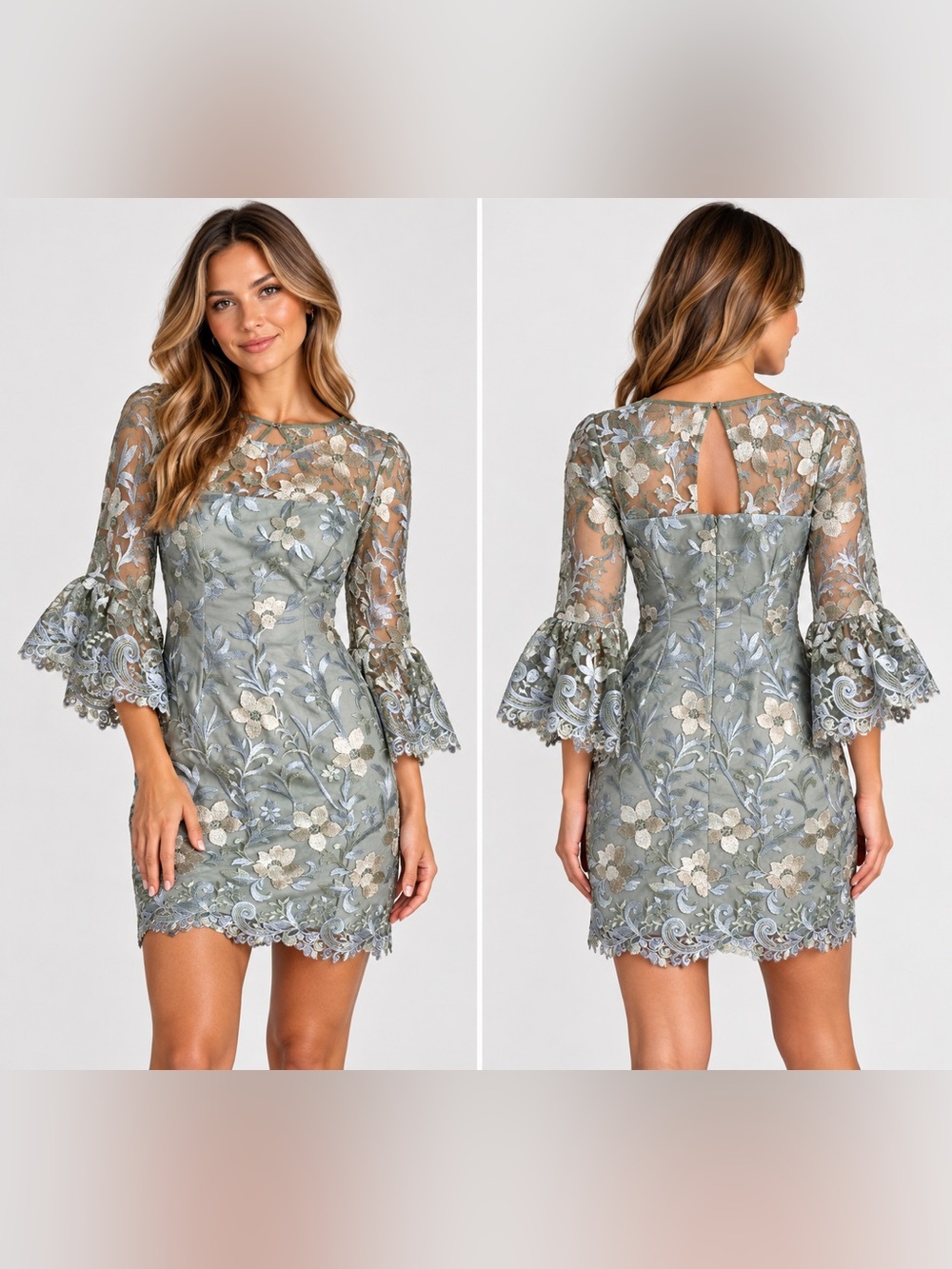 🌿✨ NWT Adrianna Papell Floral Embroidered Bell Sleeve Dress • MSRP ~$198